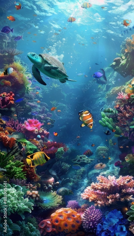 Fototapeta premium Animals of the underwater sea world. Ecosystem. Colorful tropical fish. Life in the coral reef