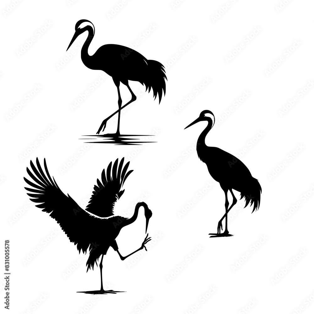 vector set of a crane bird standing on one foot. black silhouette of a heron isolated on white background.