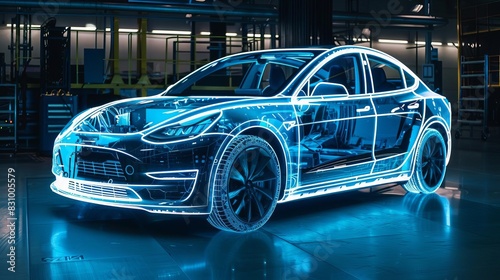 Futuristic electric car with glowing lines in a factory setting. ©  Green Creator