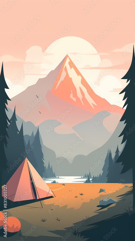 Vector camping tent in the forest.Summer camp with bonfire, tent, backpack . cartoon landscape with mountain, forest and campsite. Vector camping tent in the forest.Summer camp with bonfire, tent, backpack . cartoon landscape with mountain, forest and campsite.