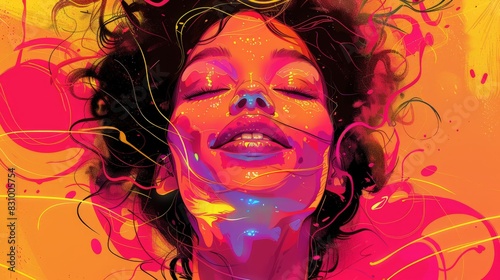 Illustrate ecstatic moments in a digital artwork. Depict a close-up of a face with eyes closed and a broad smile  surrounded by abstract shapes and lines. Use clean lines and a vibrant color scheme