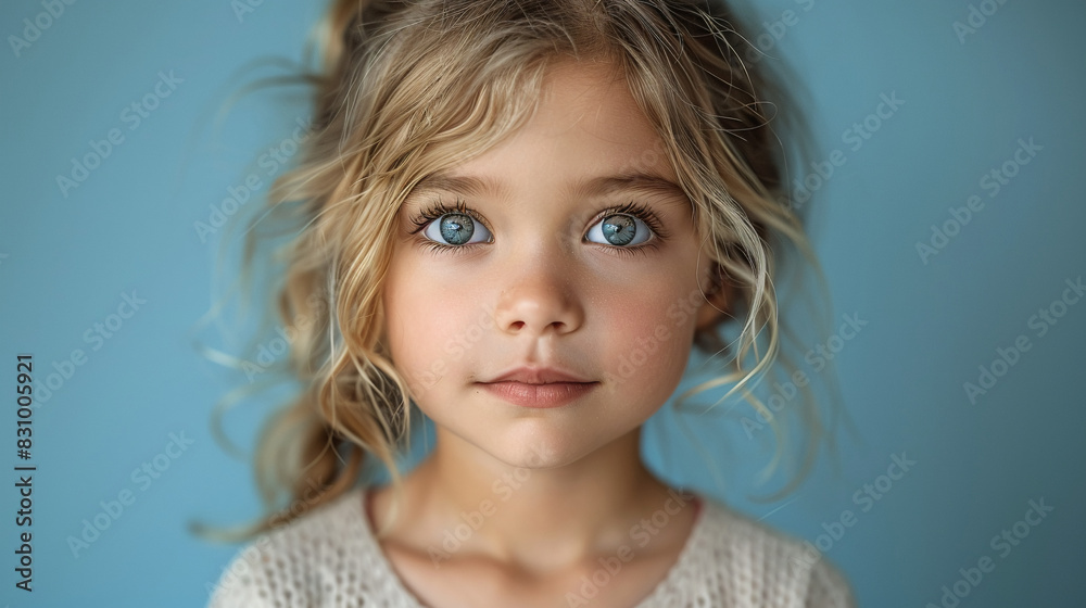 Professional studio photo portrait of a cute little girl, lovely kid with naive face, adorable baby, a child with a emotional expression, widescreen 16:9