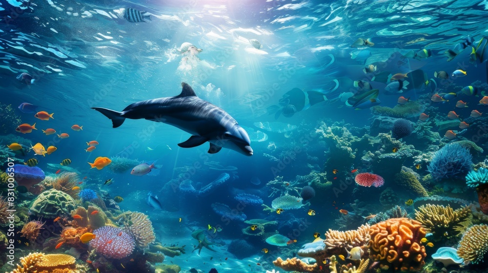 Fototapeta premium Animals of the underwater sea world. Ecosystem. Colorful tropical fish. Life in the coral reef