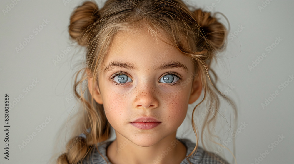 Professional studio photo portrait of a cute little girl, lovely kid with naive face, adorable baby, a child with a emotional expression, widescreen 16:9