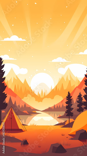 Vector camping tent in the forest.Summer camp with bonfire  tent  backpack . cartoon landscape with mountain  forest and campsite.