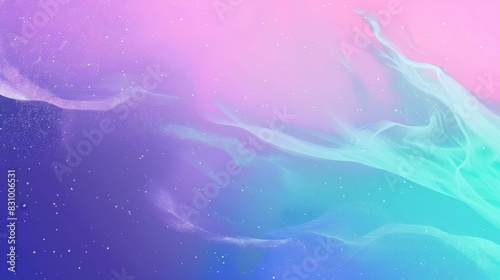 Space-themed template in blue, violet, pink, and green with digital particles. Ideal for scientific conference posters with minimal design and negative space.