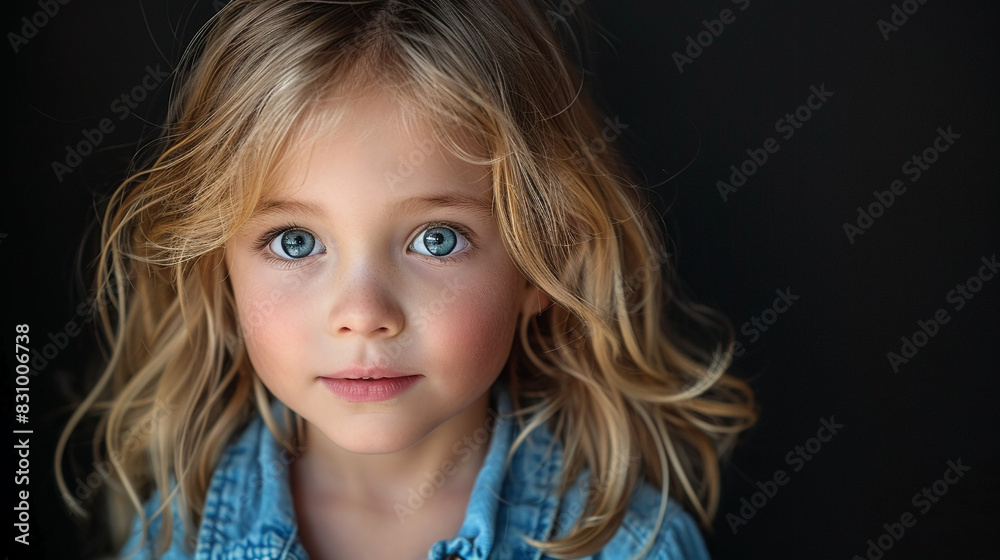 Professional studio photo portrait of a cute little girl, lovely kid with naive face, adorable baby, a child with a emotional expression, widescreen 16:9 Professional studio photo portrait of a cute little girl, lovely kid with naive face, adorable baby, a child with a emotional expression, widescreen 16:9