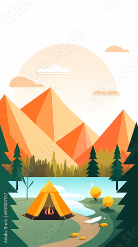 Vector camping tent in the forest.Summer camp with bonfire  tent  backpack . cartoon landscape with mountain  forest and campsite.