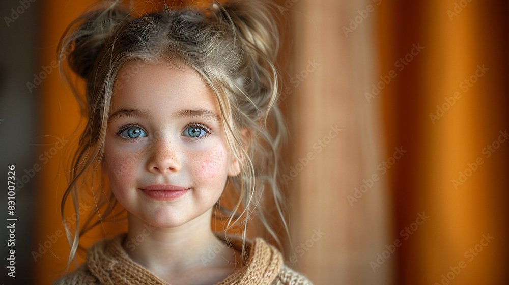 Fototapeta premium Professional studio photo portrait of a cute little girl, lovely kid with naive face, adorable baby, a child with a emotional expression, widescreen 16:9