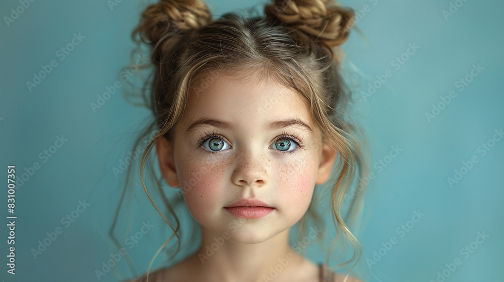 Professional studio photo portrait of a cute little girl, lovely kid with naive face, adorable baby, a child with a emotional expression, widescreen 16:9