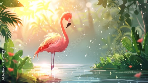A photo of a pink flamingo standing in a pond with trees in the background. photo