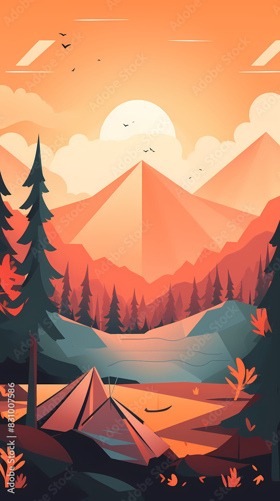 Vector camping tent in the forest.Summer camp with bonfire, tent, backpack . cartoon landscape with mountain, forest and campsite. Vector camping tent in the forest.Summer camp with bonfire, tent, backpack . cartoon landscape with mountain, forest and campsite.