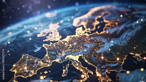 Communication technology with global internet network connected in Europe Telecommunication and data transfer european connection links IoT finance business blockchain security : Generative AI
