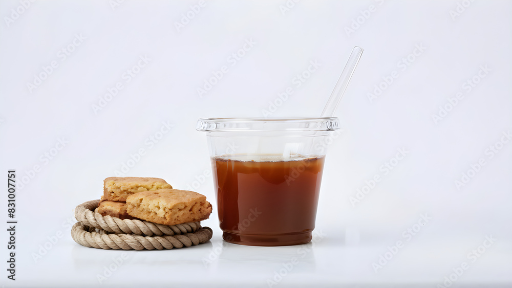 transparent cup of hot coffee near the puff cake and rope transparent cup of hot coffee near the puff cake and rope