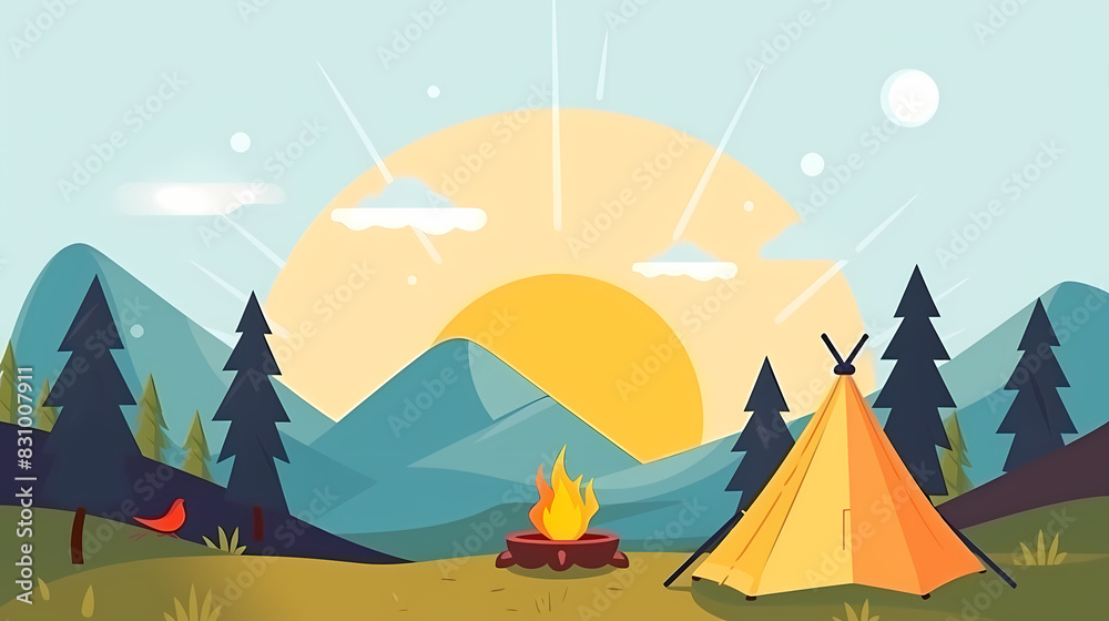 Vector camping tent in the forest.Summer camp with bonfire, tent, backpack . cartoon landscape with mountain, forest and campsite. Vector camping tent in the forest.Summer camp with bonfire, tent, backpack . cartoon landscape with mountain, forest and campsite.