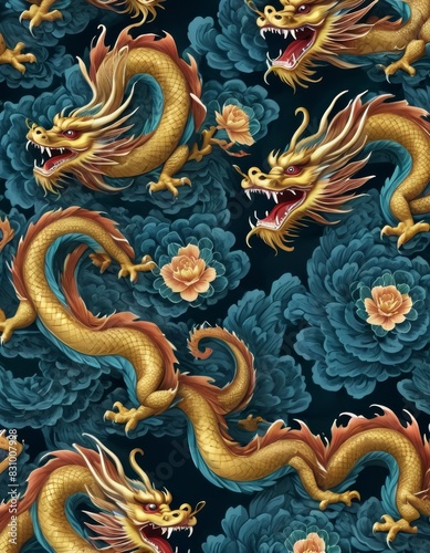 Asian-inspired dragon pattern with golden dragons and pink flowers on a dark navy blue background, suitable for textiles and wallpapers.