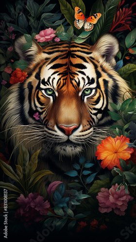 A majestic tiger in its natural habitat, surrounded by lush foliage and vibrant flowers