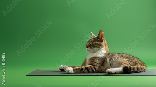 A cat doing yoga poses on a mat like a human, on a solid green background with copy space on the right side