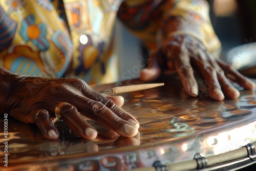 close up of hands of a person playing steelpan drums.  photo