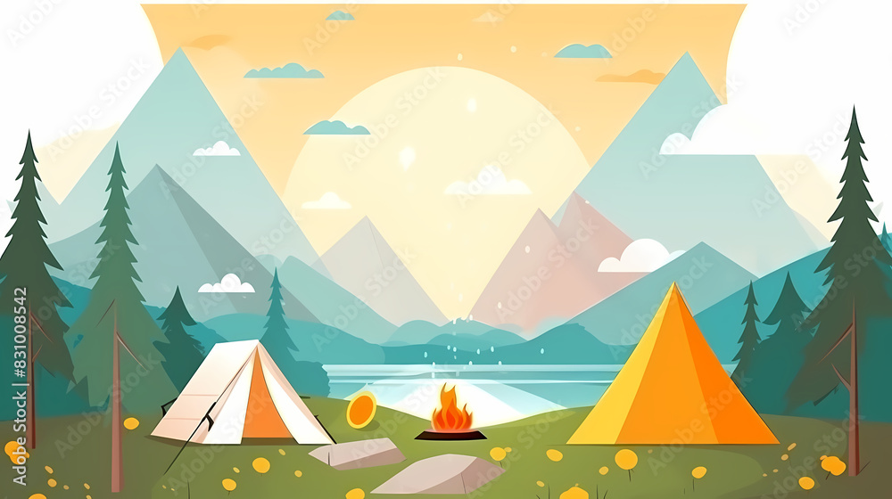 Vector camping tent in the forest.Summer camp with bonfire, tent, backpack . cartoon landscape with mountain, forest and campsite.