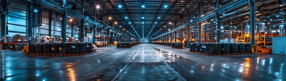 Obraz premium Industrial warehouse interior with steel beams, lighting, and reflective floor.
