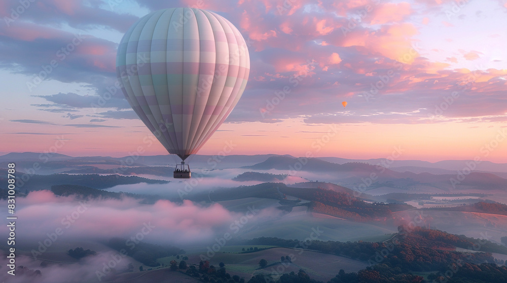 A huge air balloon rising above a misty valley at dawn, with the sky painted in soft pastel hues