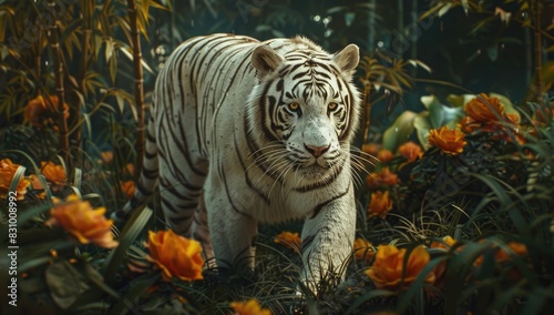 a image of a white tiger walking through a field of flowers