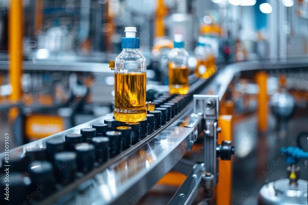 Bottles of liquid moving on a conveyor belt in a factory. Bottles of liquid moving on a conveyor belt in a factory.