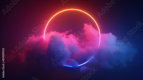 Glowing neon circle in vibrant cloudy sky  abstract colorful night sky with neon lights  purple and blue gradient background  futuristic glowing ring  dreamy atmospheric design.