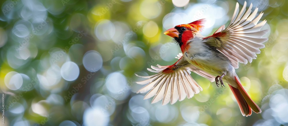 Yellow-billed cardinal flying with its bright plumage and beautiful beak against green trees, banner with bokeh effect and copy space. Grace in flight concept.