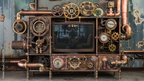 A vintage looking television set with a lot of gears and dials