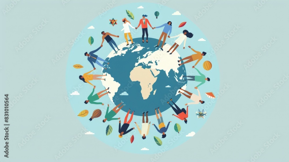 Obraz premium A flat design illustration of global unity featuring characters from around the world holding hands in a circle. The minimalist background emphasizes the connection and solidarity among diverse
