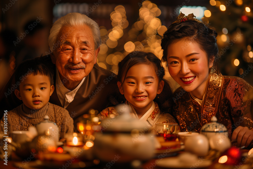 Asian family with grandpa sitting at table in front of decorated Christmas tree Asian family with grandpa sitting at table in front of decorated Christmas tree