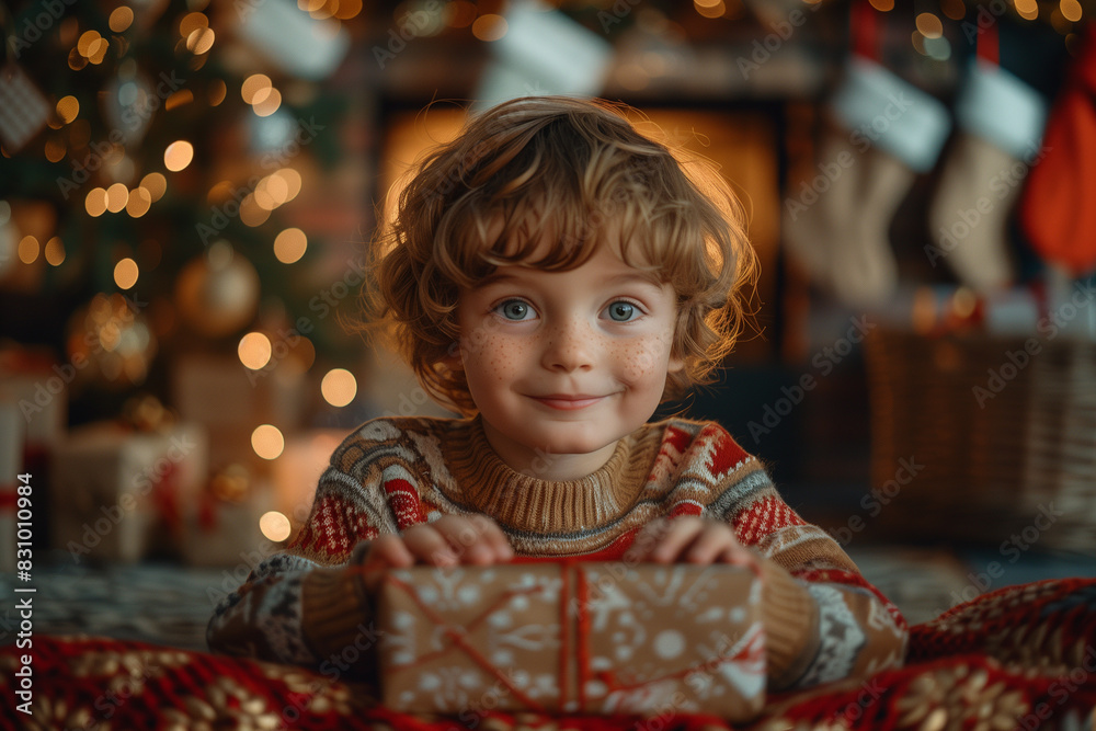 European boy happily sits by Christmas tree European boy happily sits by Christmas tree