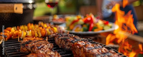 Close-up of grilled meat and vegetables on barbecue grill with flames and a salad in the background. Perfect for summer, outdoor, or BBQ themes. photo