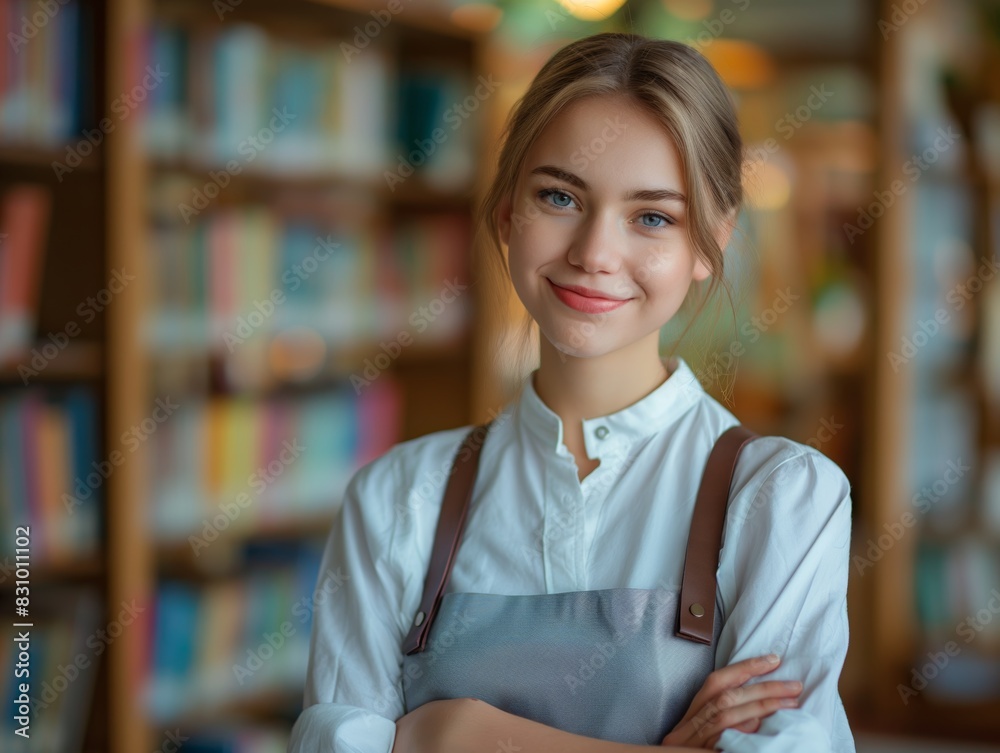 A Librarian female wearing librarian uniform, standing in front of bookshelves, smiling and looking into the camera A Librarian female wearing librarian uniform, standing in front of bookshelves, smiling and looking into the camera