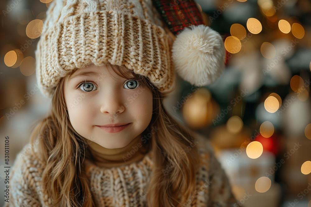 Latina little girl happily sitting wearing a knitted hat with pom poms Latina little girl happily sitting wearing a knitted hat with pom poms