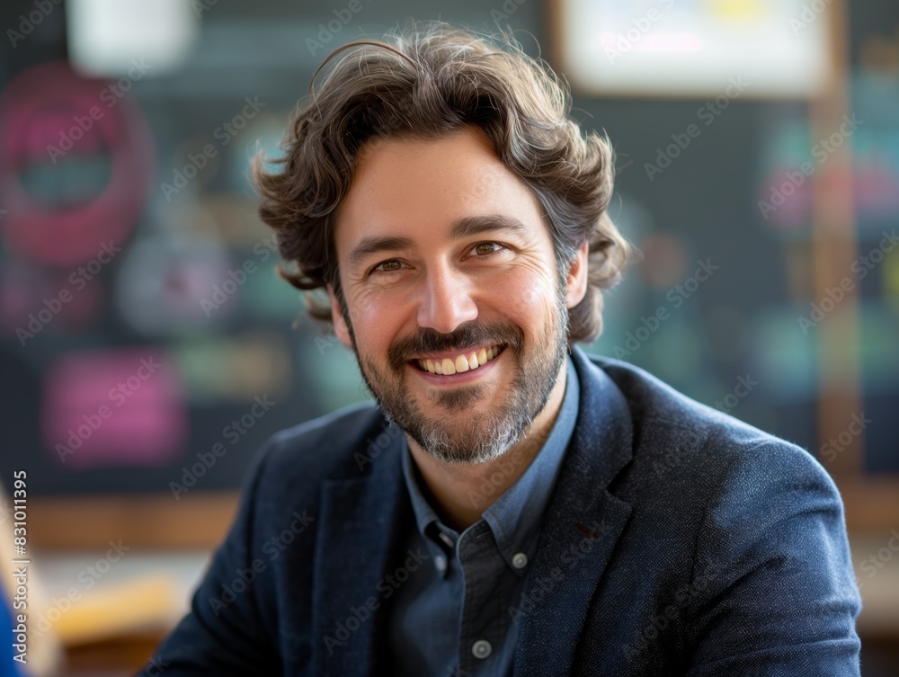 A Teacher male wearing a teacher's outfit, standing in front of a classroom chalkboard, smiling and looking into the camera A Teacher male wearing a teacher's outfit, standing in front of a classroom chalkboard, smiling and looking into the camera