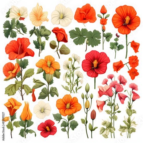 set of Nasturtium  plants  leaves and flowers. illustrations of beautiful realistic flowers for background  pattern or wedding invitations