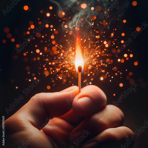 a burning match in a man's hand close-up