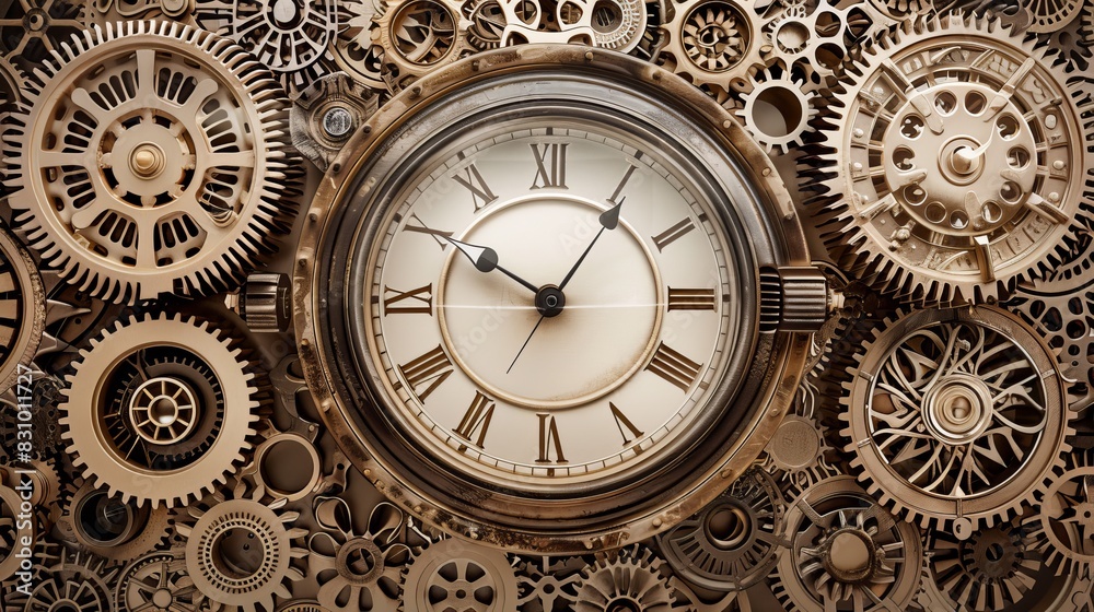 A clock exploding into gears and timepieces, representing the concept of time and ideas, steampunk style, sepia tones, intricate details