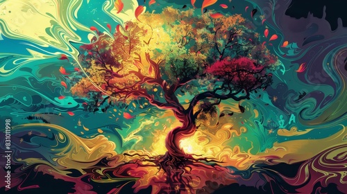 A tree growing from a brain with an explosion of leaves and ideas, fantasy style, vibrant colors, high detail