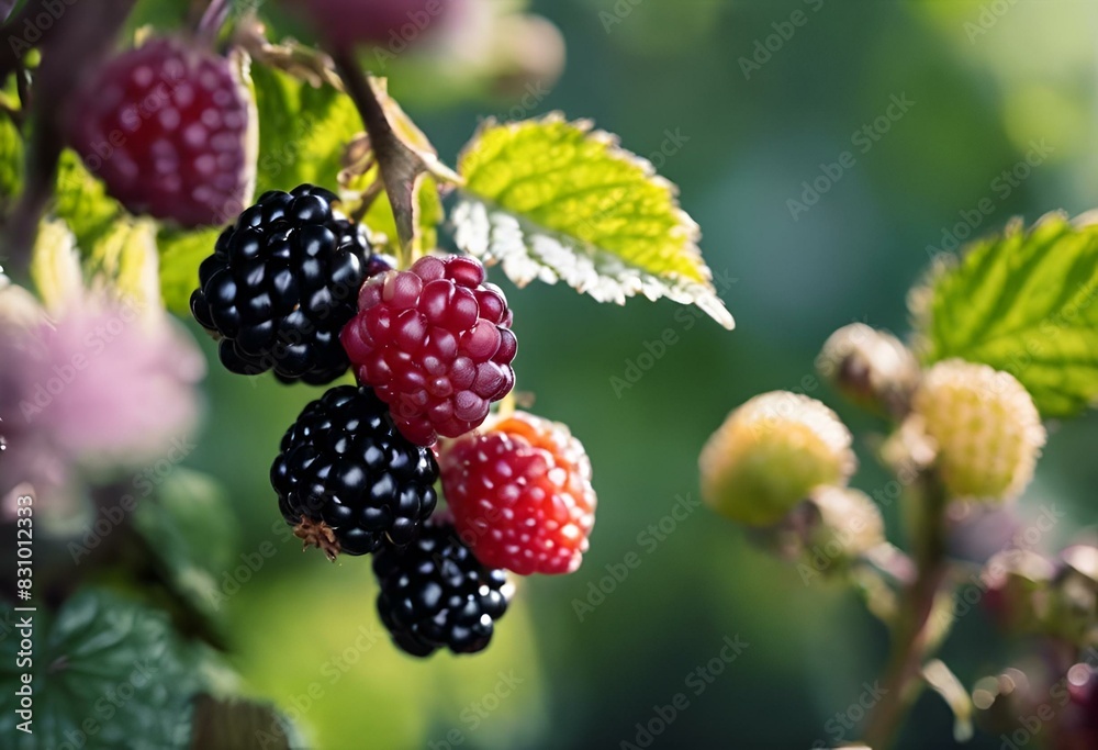 AI-generated illustration of Ripe raspberries, red and black, basking in sunlight on tree branches AI-generated illustration of Ripe raspberries, red and black, basking in sunlight on tree branches
