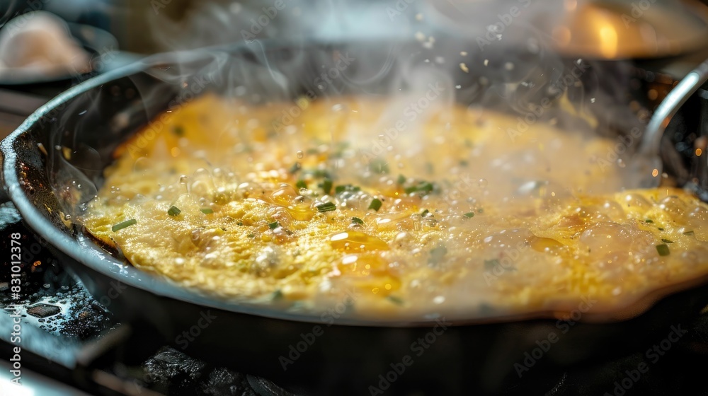 Cooking a large iron pan omelette Cooking a large iron pan omelette
