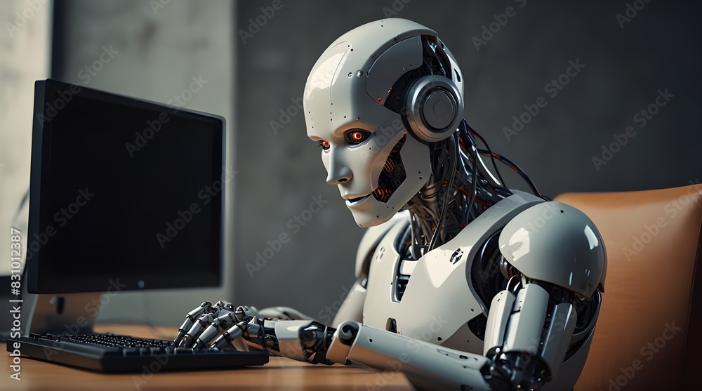 Photo of an orange humanoid robot with headphones sitting at a computer, working in an IT office. generative.ai Photo of an orange humanoid robot with headphones sitting at a computer, working in an IT office. generative.ai
