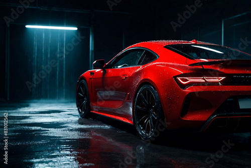 Modern red performance luxury car in dark car wash environment. Creative led headlights vehicle of sportscar with dripping drops during washing. Car wash advertising concept. Copy ad text space