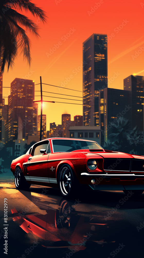 A american muscle car, Miami city background