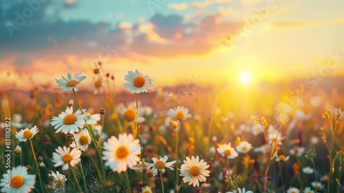 A beautiful meadow flooded with spring and summer sun with lots of wild flowers of daisies.