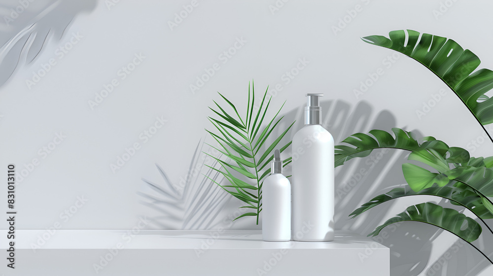 White Skincare Bottles with Green Tropical Leaves White Skincare Bottles with Green Tropical Leaves