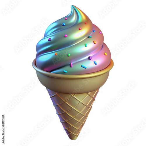Metallic Ice Cream Cone with decorate isolated from background holographic colored. Brutalist Sweet object. Retro futurism style. Trendy design elements for collage Y2k. Surreal style Ice-cream